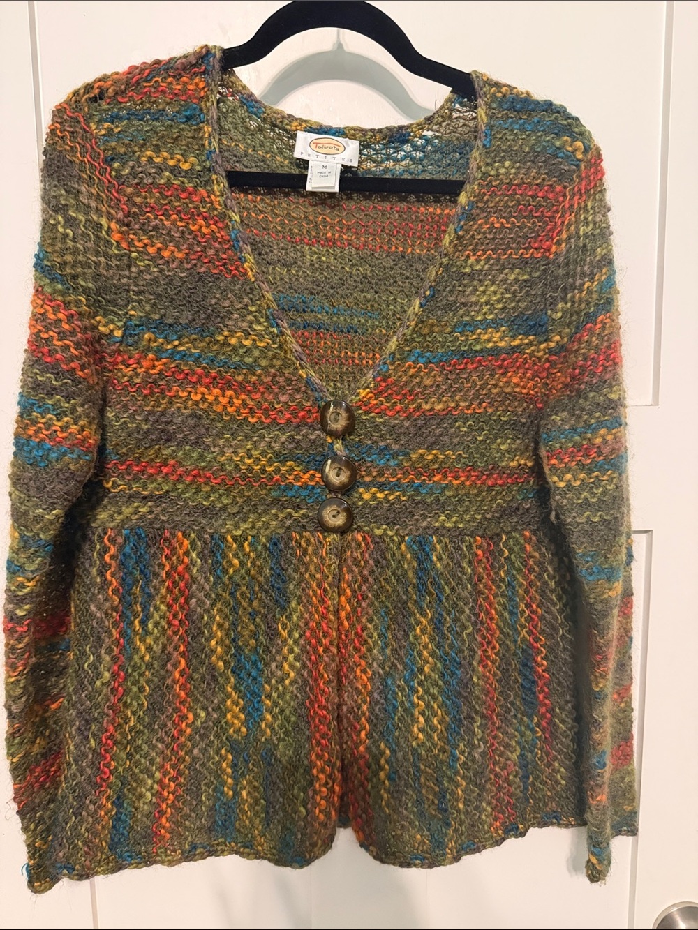 Talbots Vintage Y2K Wool Blend Olive Multicolor Knit Button-Front Cardigan